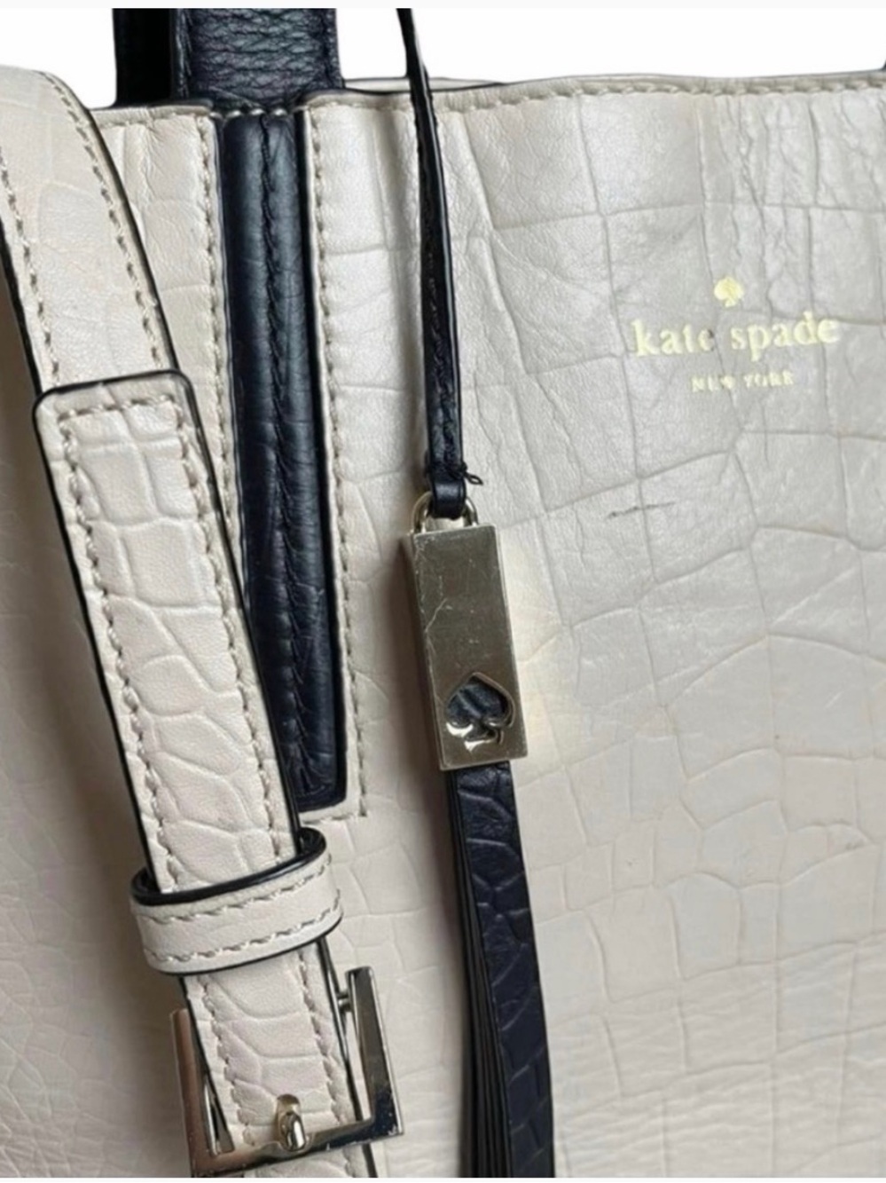 kate spade Cream and Black Croc-Embossed Leather Shoulder Bag - Picture 8 of 10